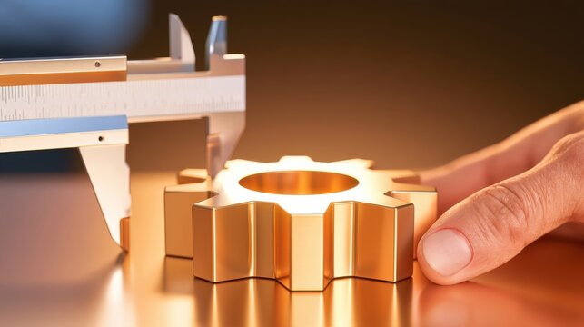 Precision measuring tool caliper measuring golden metallic gear tooth with human hand holding it on reflective surface industrial component