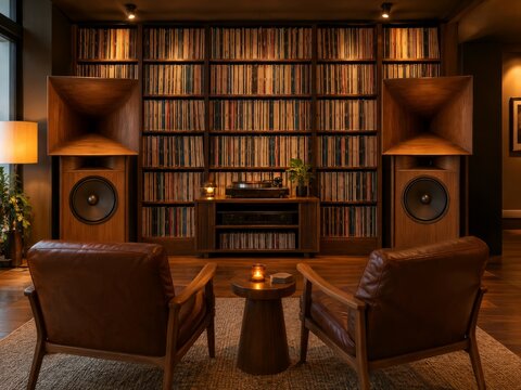 Vinyl listening bar interior with wooden speakers and record wall