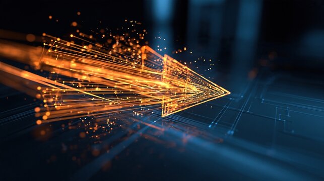 Abstract digital arrow made of glowing orange fiber optics, representing fast data transfer and technological advancement