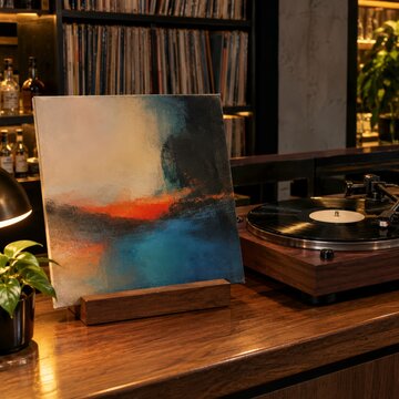 Record sleeve on a stand beside a turntable in a bar