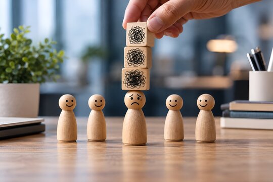 Crisis management strategy and workplace stress concept with wooden figures and stacked blocks