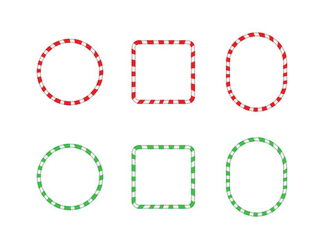 Christmas candy cane frame set featuring red and green striped circle square and oval frames for festive holiday border decoration vector illustration