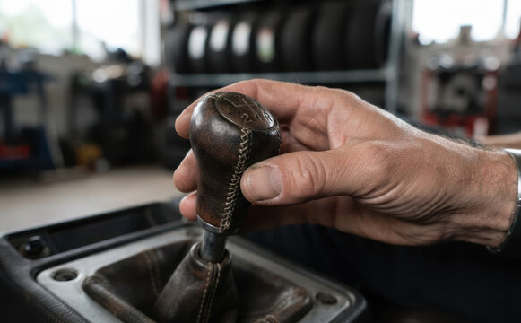 Close up of a mature caucasian man shifting gears with a manual leather car gear stick in a workshop