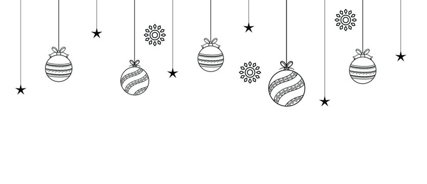 Christmas hanging ornament border featuring line art baubles stars and snowflakes for festive holiday garland decoration