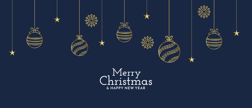 Merry Christmas and Happy New Year banner featuring golden hanging line art baubles stars and snowflakes on dark blue