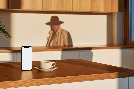 Smartphone with blank screen and coffee cup on wooden kitchen counter, warm sunlight casting shadow of person in hat on wall