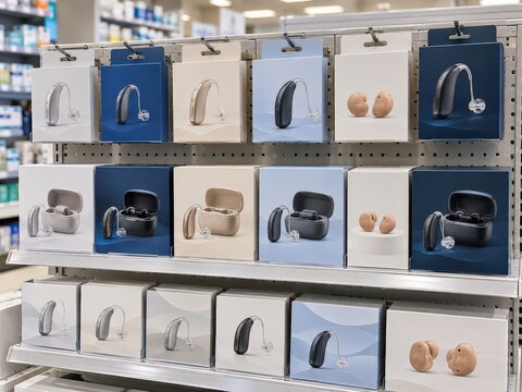 Pharmacy retail shelf with boxed over-the-counter hearing aids