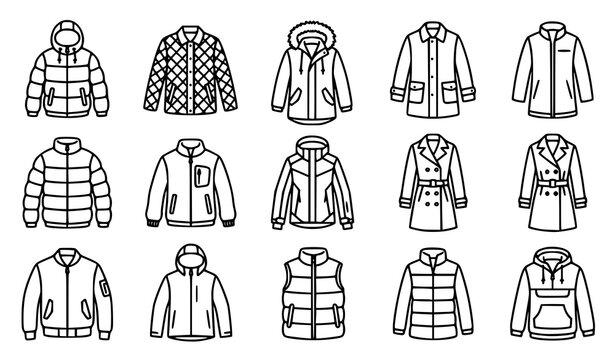 Winter jacket outline icon set with hooded coats parkas puffer jackets and outdoor clothing