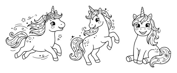 Obraz premium Three unicorns in different poses set with simple line art design featuring simple design, minimalist, black and white with illustrations and graphics