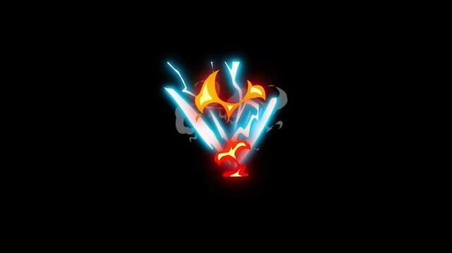 2D cartoon energy splash FX, flash FX electrical burst animation, glowing spark transition, hand drawn smoke effects, comic splash explosion on black screen background.
