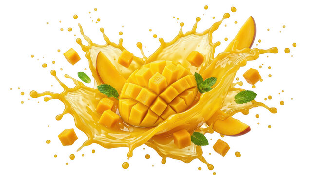 Exploding mango juice splash with fresh fruit cubes and mint leaves isolated on transparent background