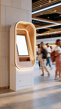 Modern crypto atm kiosk with glowing frame and blank screen in busy indoor public space, people walking past in motion blur