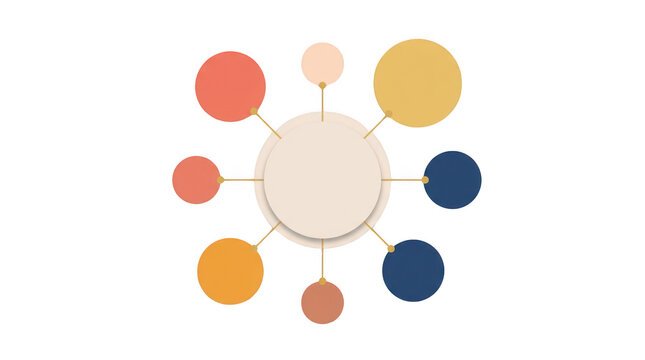 Infographic mind map template with colorful circles connected to a central circle isolated on transparent background