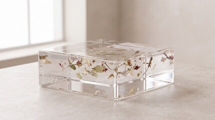 Fototapeta premium Resin art block photo. Clear acrylic rectangular block filled with dried leaves and botanical elements. Elegant minimalist paperweight on a light stone surface with soft window light
