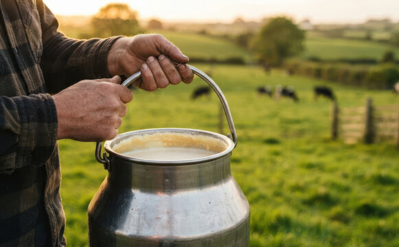Farmer holding a fresh milk churn in a green pasture at sunrise for dairy industry concepts