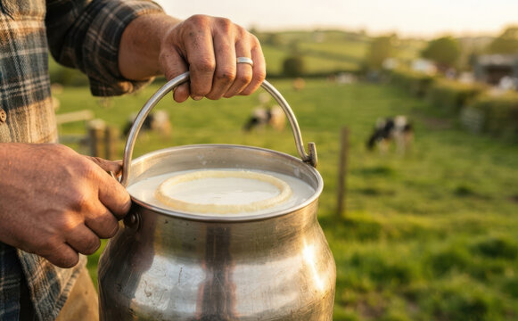 Adult male farmer holding a fresh metal milk churn filled with raw dairy milk in a green pasture with cows