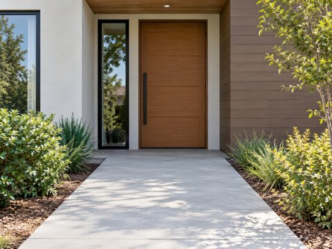 Modern house front entrance with level path and flush door