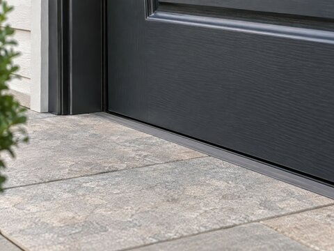 View of a flush entry door threshold on a porch paving
