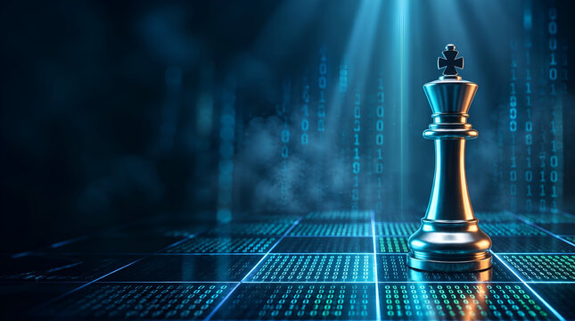 A shiny silver chess king piece stands tall on a futuristic digital chessboard with glowing binary code background, symbolizing strategy, technology, and success in business competition