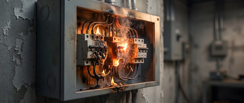 Electrical fire burning inside a wall mounted circuit breaker box