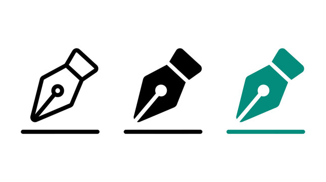 Set of minimalist vector fountain pen nib icons for writing and editing tools