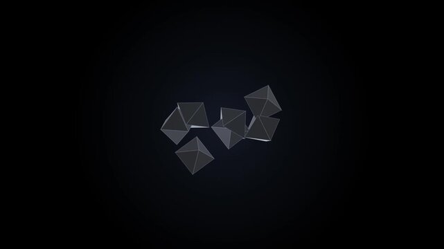 Polished metallic polyhedron cluster floating and rotating in a dark studio