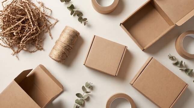Flat lay of cardboard shipping boxes with packing materials on white table