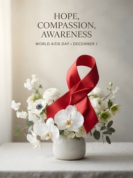 Red ribbon and white orchids representing hope for world aids day awareness