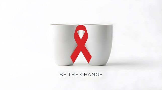 Red ribbon awareness symbol on a white coffee cup with reflective surface