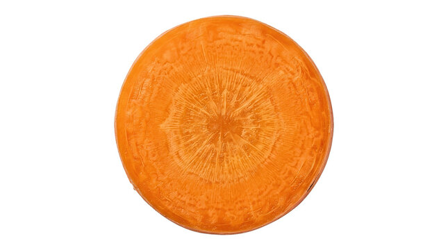 Fresh orange carrot slice with detailed texture on white background