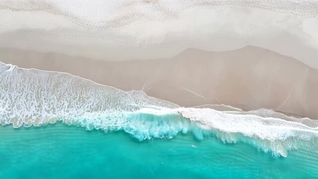 Turquoise ocean waves break into white foam along pale sandy shoreline, sweeping diagonally across shallow water in a top-down coastal view with layered surf and sand patterns