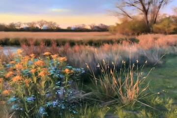 Naklejka premium Field with wildflowers at sunset