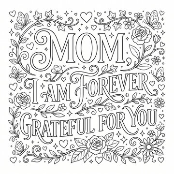 Black and white coloring page design featuring floral patterns and a message for mother