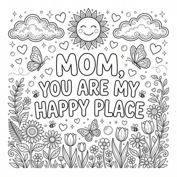 Coloring page featuring floral patterns butterflies and the text mom you are my happy place