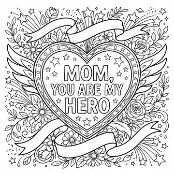 Black and white coloring page design featuring a heart shape with text about a mother