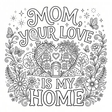 Heart shaped house illustration with floral motifs and text for coloring page