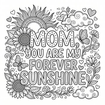 Black and white coloring page design with floral sunflower motifs and heartfelt text for mother