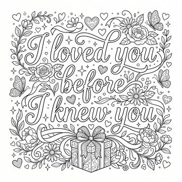 Black and white floral coloring page with romantic lettering and a decorated gift box illustration
