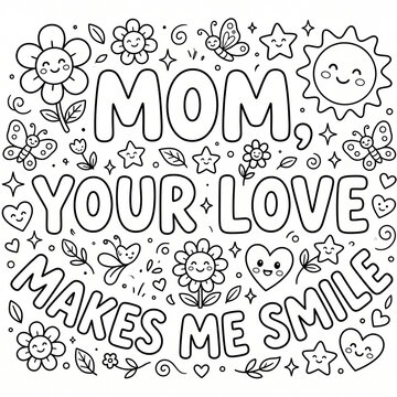 Coloring page featuring text message for mother with cute cartoon flowers stars
