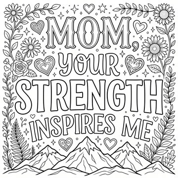 Adult coloring page with floral borders with strength inspires surrounded