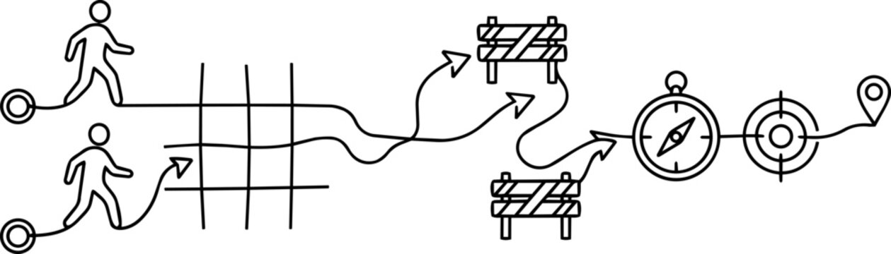 Continuous one-line drawing of business team overcoming obstacles and finding direction, representing corporate strategy, goal achievement and leadership vision vector.