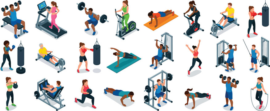 Gym fitness workout training people activity editable Vector icon set