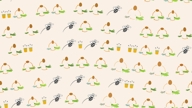 Cartoon bees and grasshoppers life cycle diagrams pattern