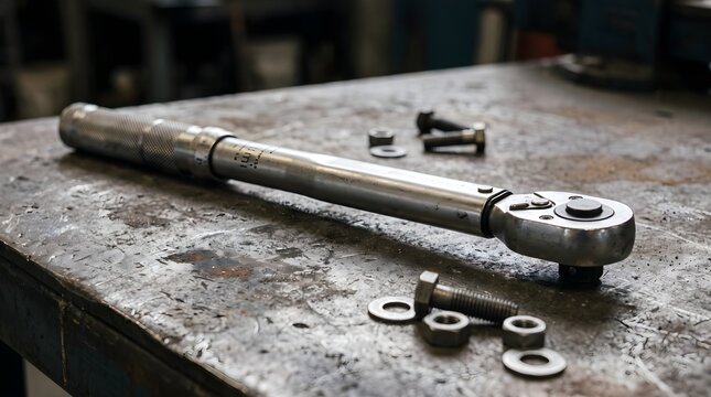 Realistic photo showing an industrial torque wrench on a work surface. The image represents precision mechanical tools, machine maintenance, component assembly, industrial engineering.