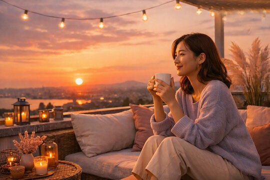 Relaxed Woman Enjoying Warm Coffee On Cozy Rooftop Terrace During Beautiful Golden Sunset