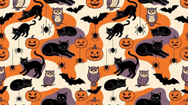 Halloween seamless pattern and holiday background. Featuring black cats carved jack o lantern pumpkins flying bats perched owls and hanging spiders. Vector illustration for seasonal design