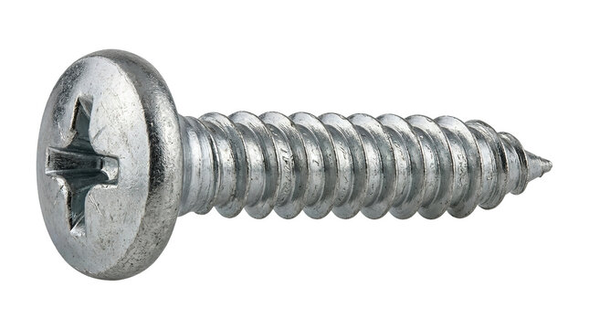 Close-up of a metallic phillips head screw with coarse threads on white background