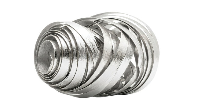 Abstract silver spiral with interwoven metallic loops on white background