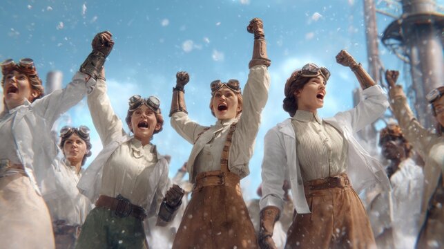 Women scientists celebrating the discovery of a cure, teamwork and triumph for International Womena??s Day, 8k, realistic, full ultra HD, high resolution, cinematic photography