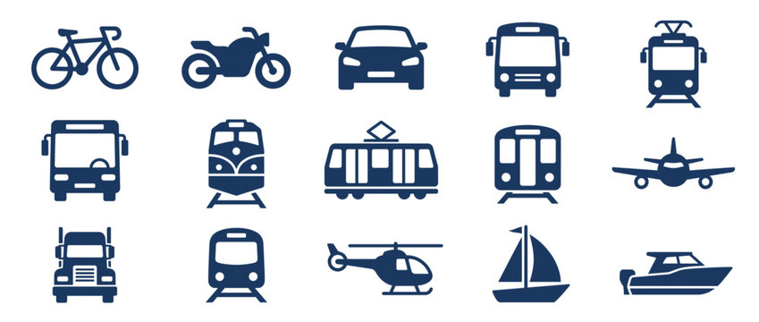 Transportation icons set isolated on transparent background. Vehicle symbols and transit illustrations. Bicycle, motorcycle, car, bus, tram, train, airplane, helicopter, boat, ship. Vector.